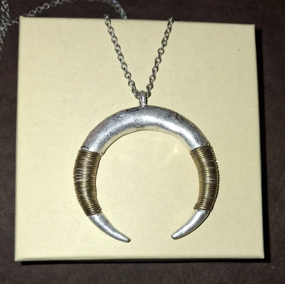 Mixed Metal Double Horn Crescent Silvertone Statement Pendant Necklace - Picture 4 of 7